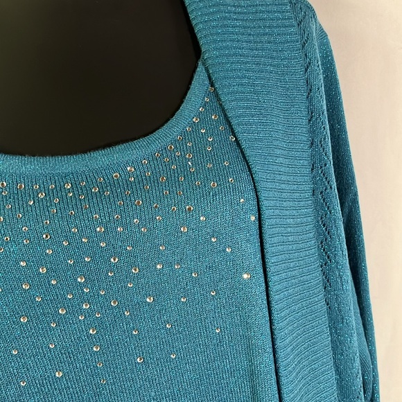 NWT Karen Scott Teal Rhinestone Embellished Glittery Twofer Cardigan - Picture 6 of 16